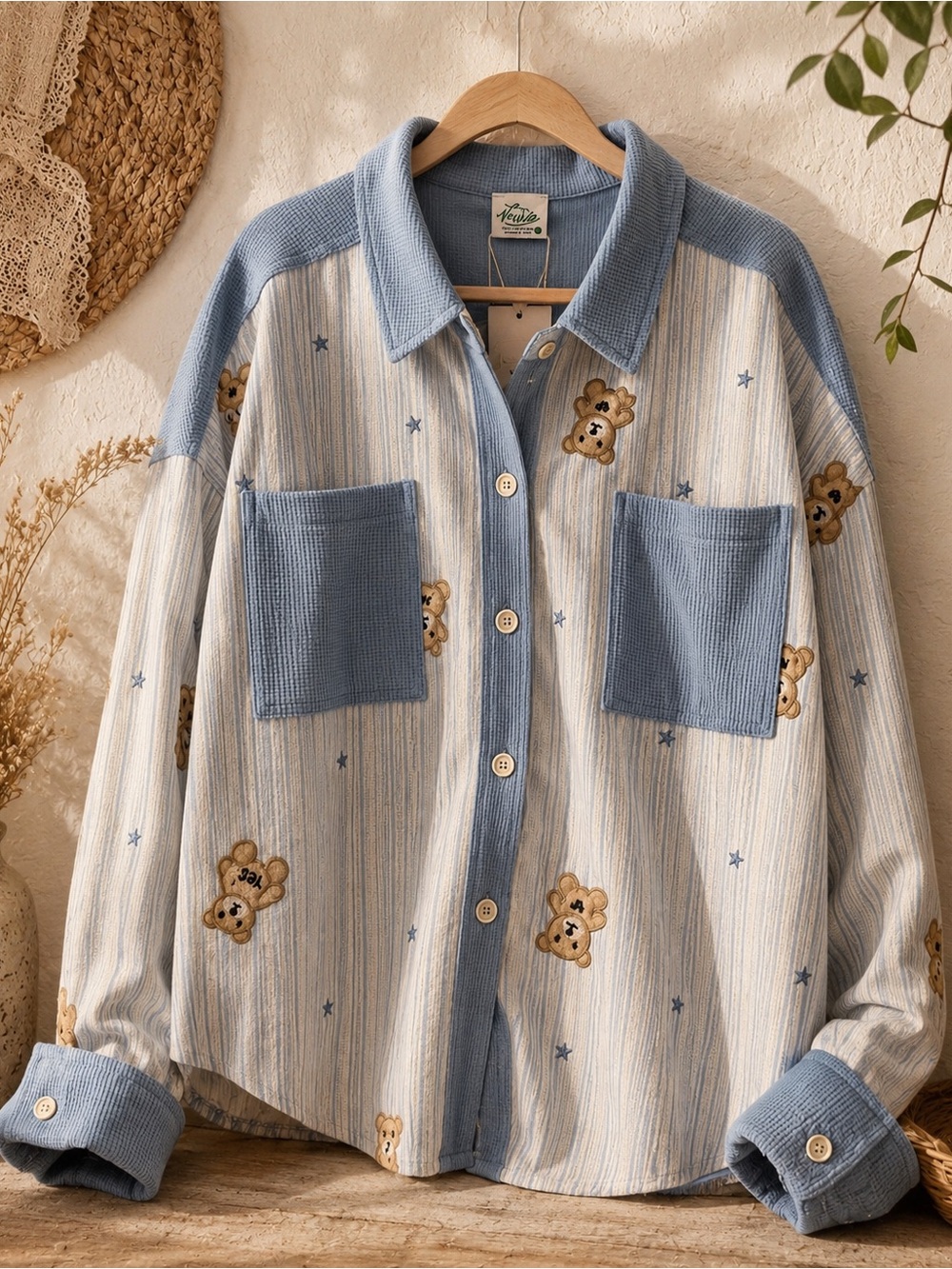 Blue Teddy Bear Embroidered Button Up Shacket Cottagecore Boho Top Size L NWT - Picture 2 of 10